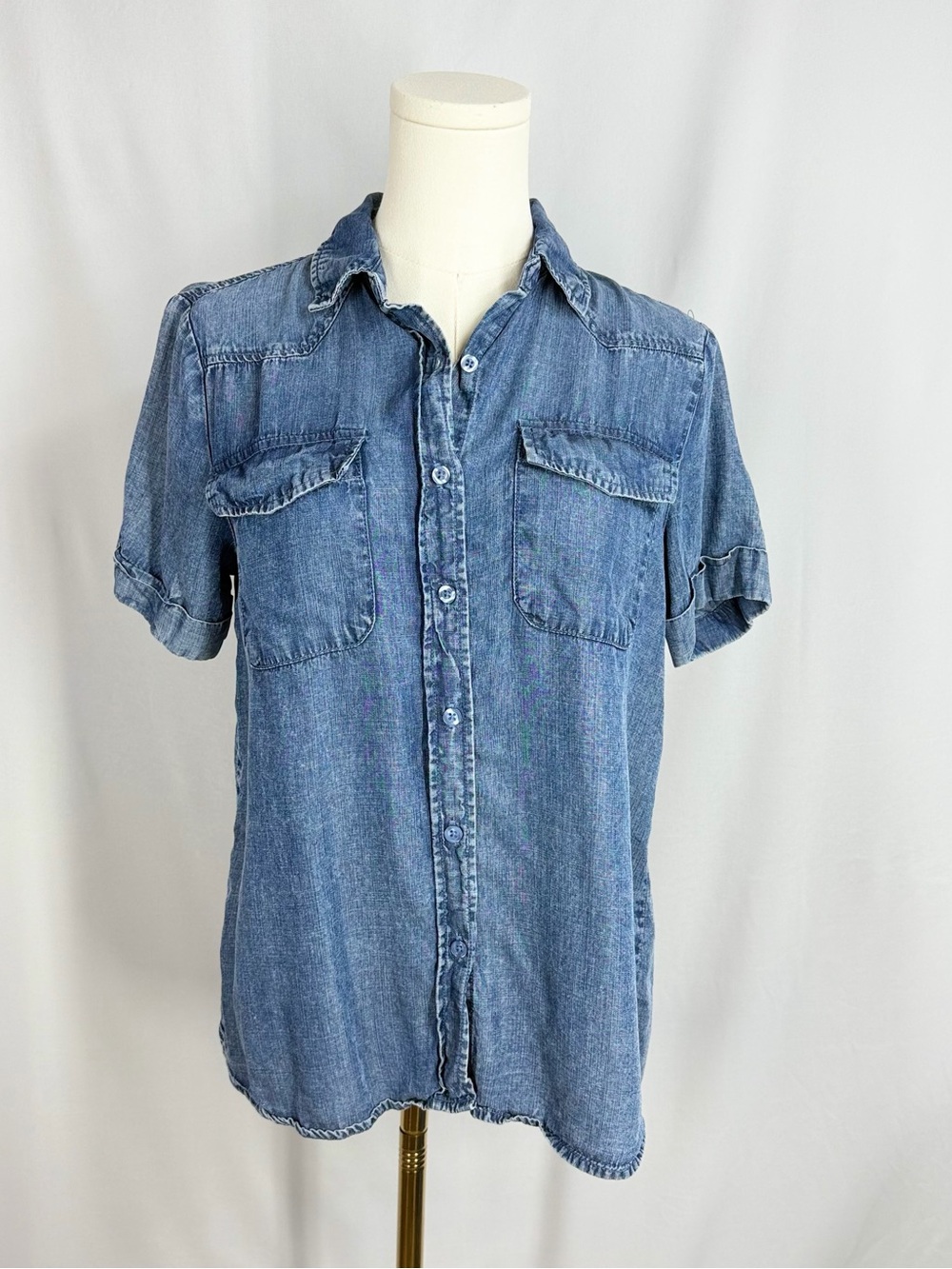Jane + Delancey Lyocell Chambray Shirt XS Blue Denim Short Sleeve Button Down